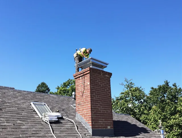 Jerome Chimney Sweep technician measuring a chimney cap in Jerome, OH